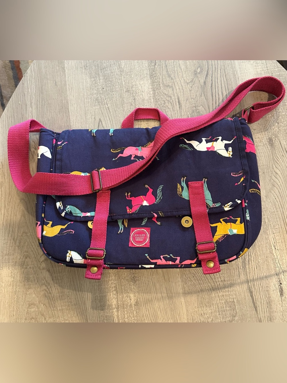 Joules Navy Crossbody Bag with Pink Strap and Multicolor Horse Print